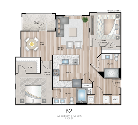 Floor plan for 2 beds, 2 baths, 1159 sqft